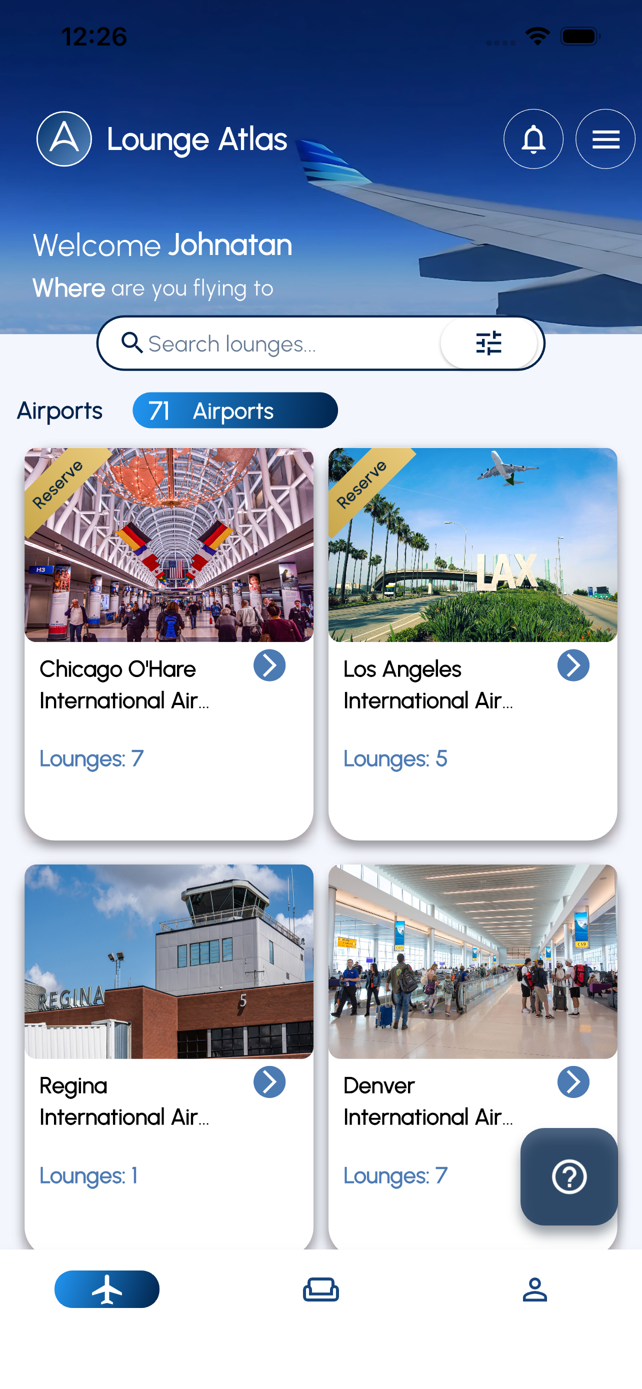 Lounge Atlas app main screen